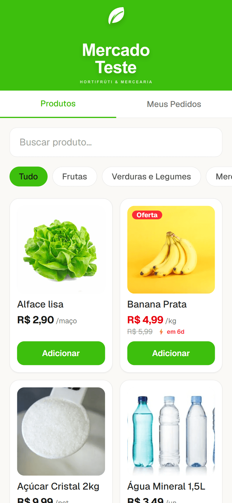 Catálogo do Mercado Teste num iPhone, com busca, categorias e produtos com foto e preço